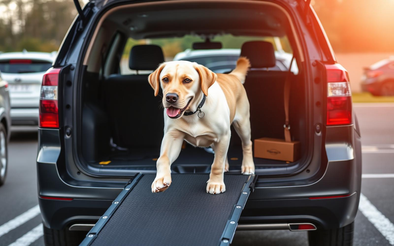 Labrador loopt via een opvouwbare loopplank uit de kofferbak van een auto