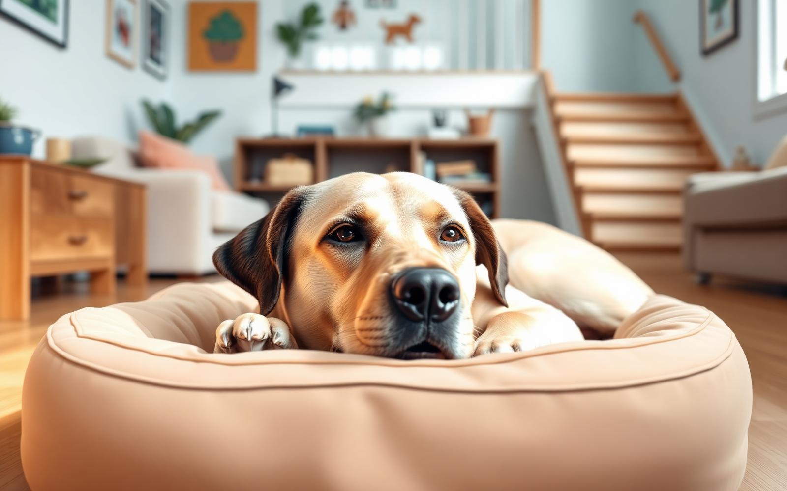 Oudere labrador rust uit in een hondenmand in een lichte woonkamer