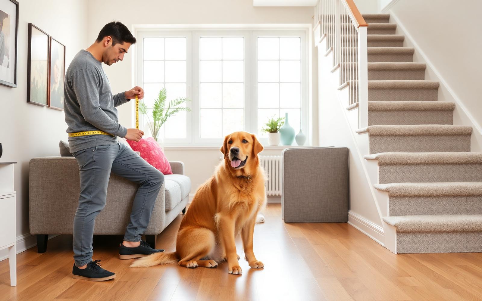 Baasje meet de hoogte van de bank op met een rolmaat terwijl de hond toekijkt