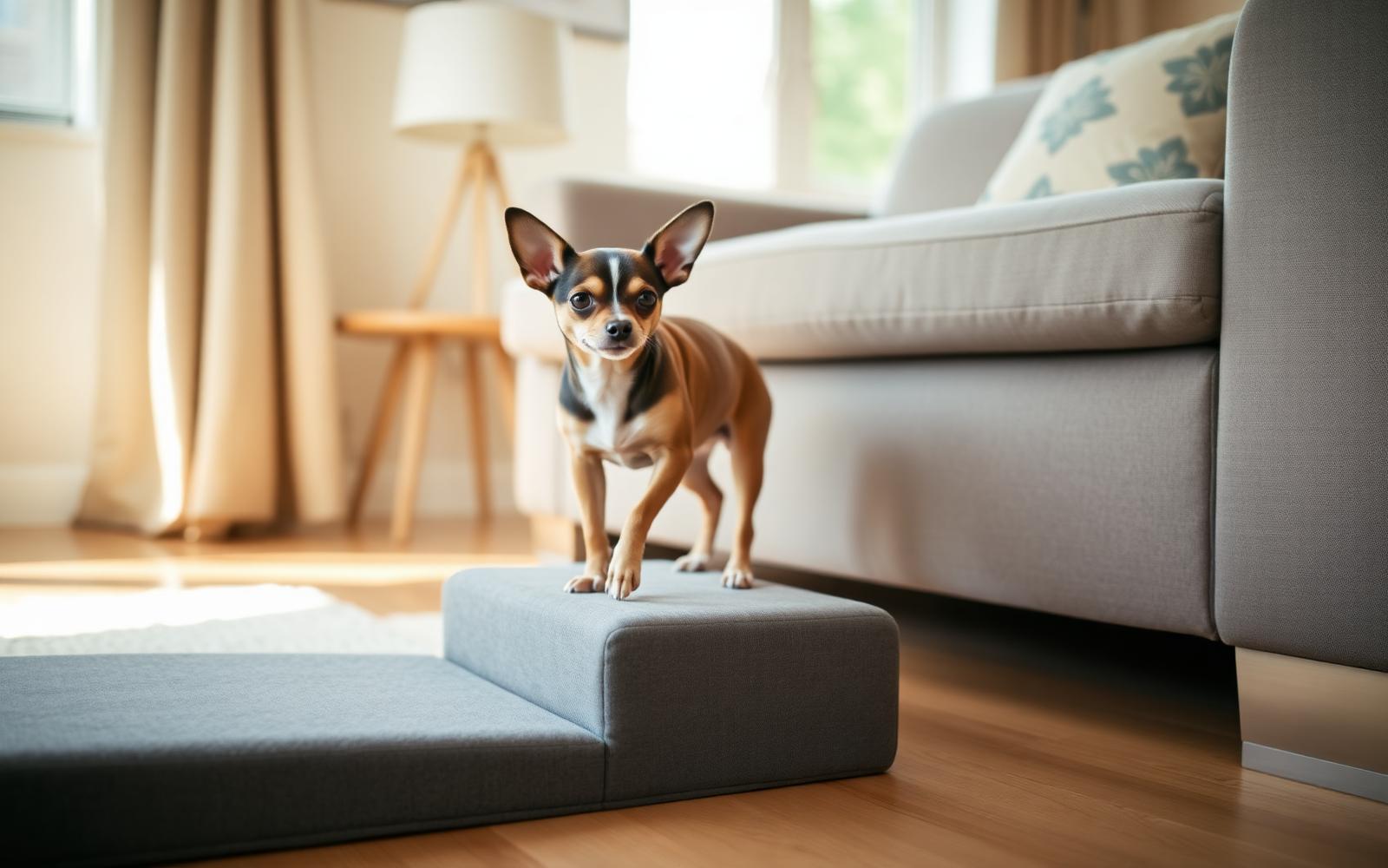 Chihuahua staat op een lage grijze hondentrap naast een bank