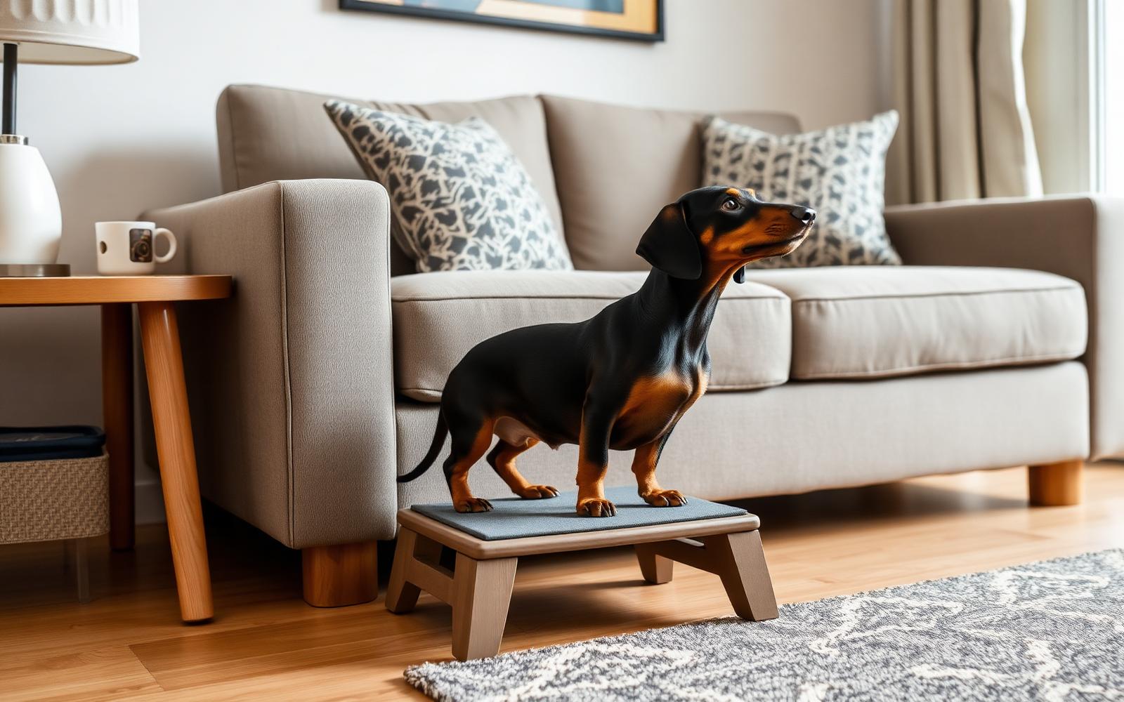 Teckel staat op een laag houten opstapje naast de bank