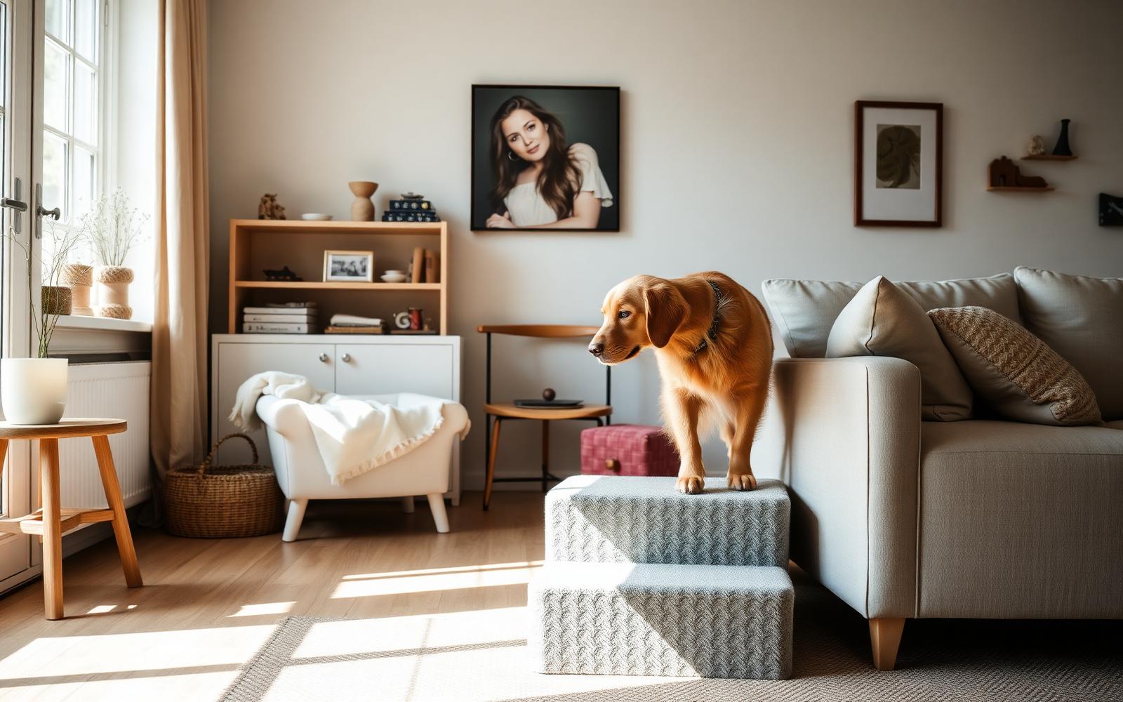 Golden retriever loopt via een grijze schuimtrap omhoog naar de bank