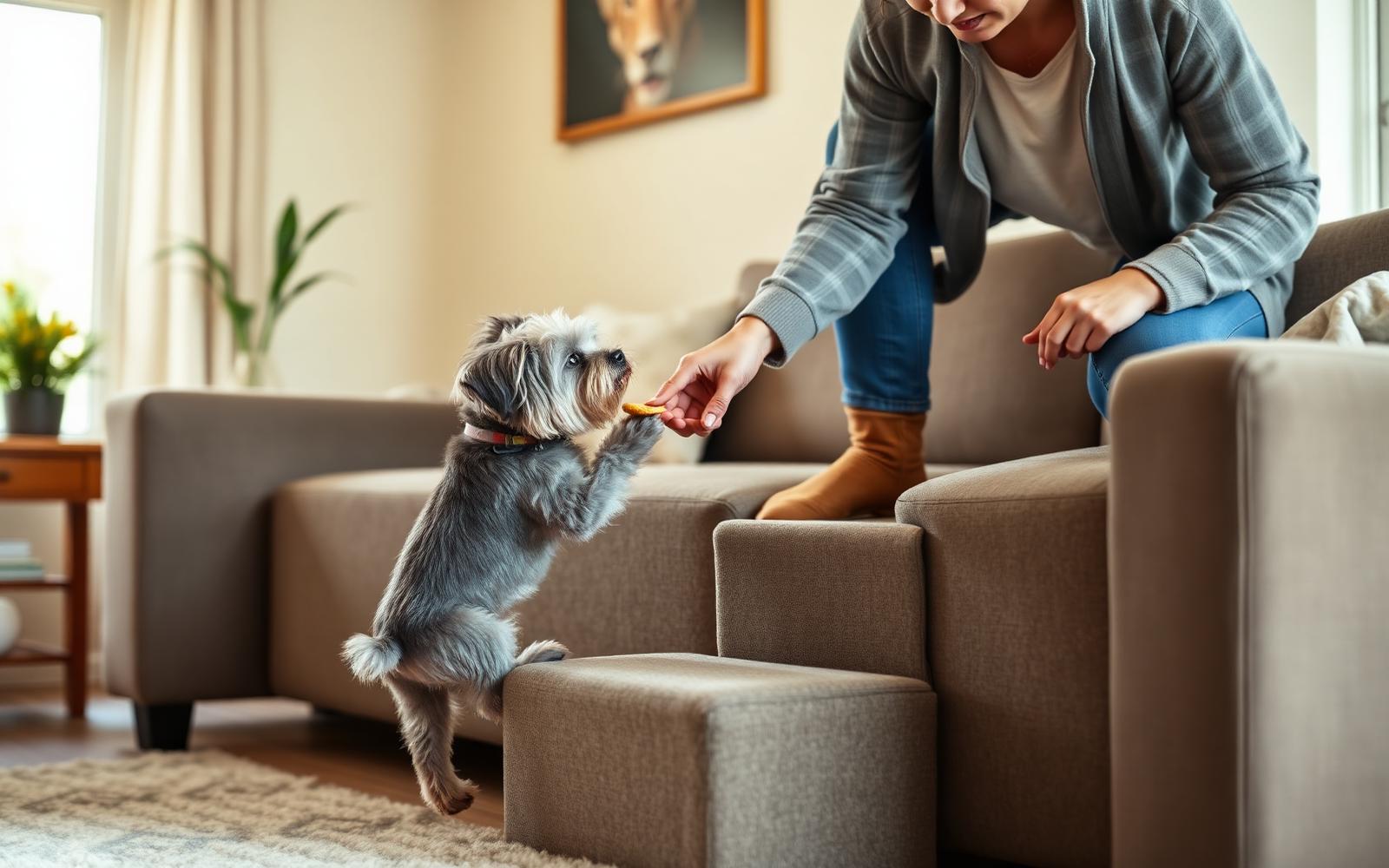 Baasje lokt een kleine hond met een snoepje de hondentrap op naar de bank