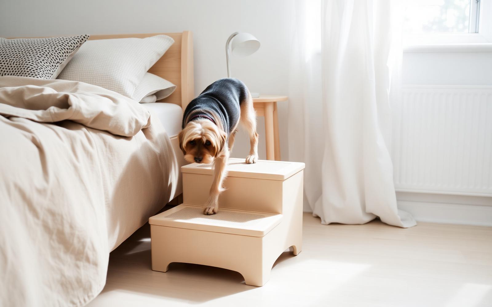 Kleine hond stapt via een beige tweetreeds hondentrapje van het bed